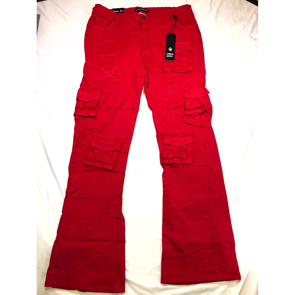 Urban Beast Mens Red Stacked Fit Distressed Cargo Pants 42x36 Stretch Denim